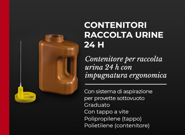 contenitore per raccolta urina 24 h con impugnatura ergonomica con sistema di aspirazione per provette sottovuoto