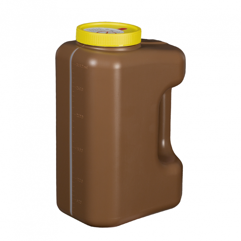 contenitore per raccolta urina 24 h con impugnatura ergonomica e sistema di aspirazione per provette sottovuoto